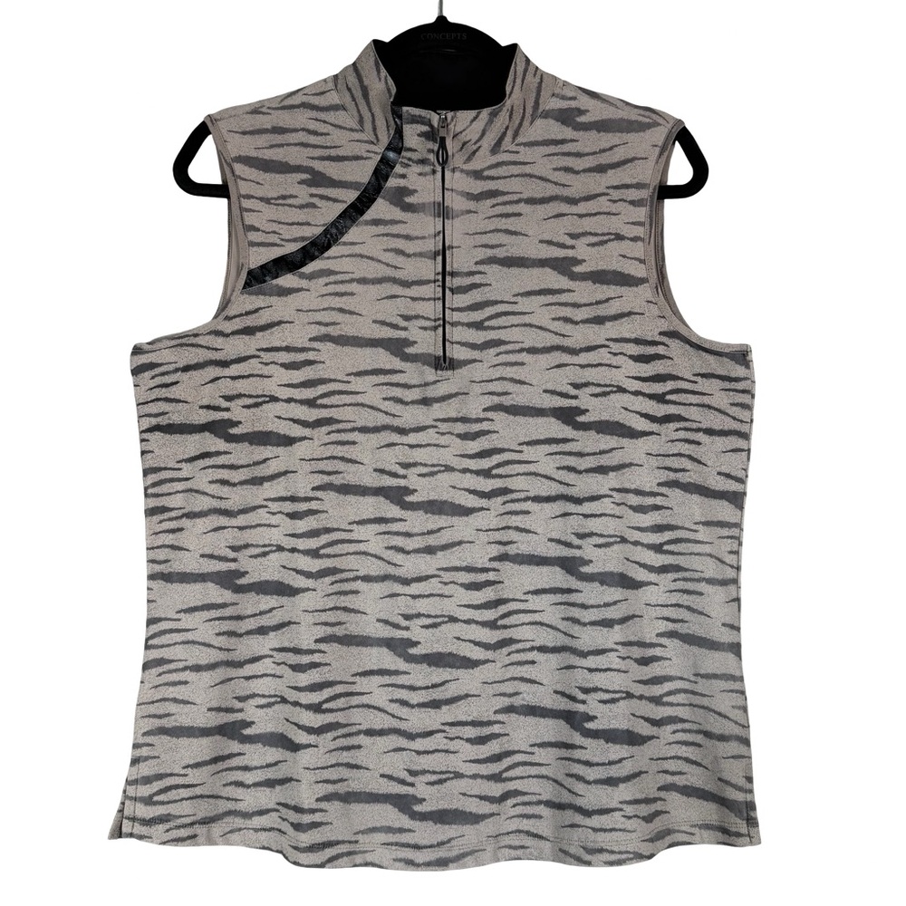 Jamie Sadock Taupe & Gray Black Le Tigre Print Sleeveless Golf Shirt Top Size XL